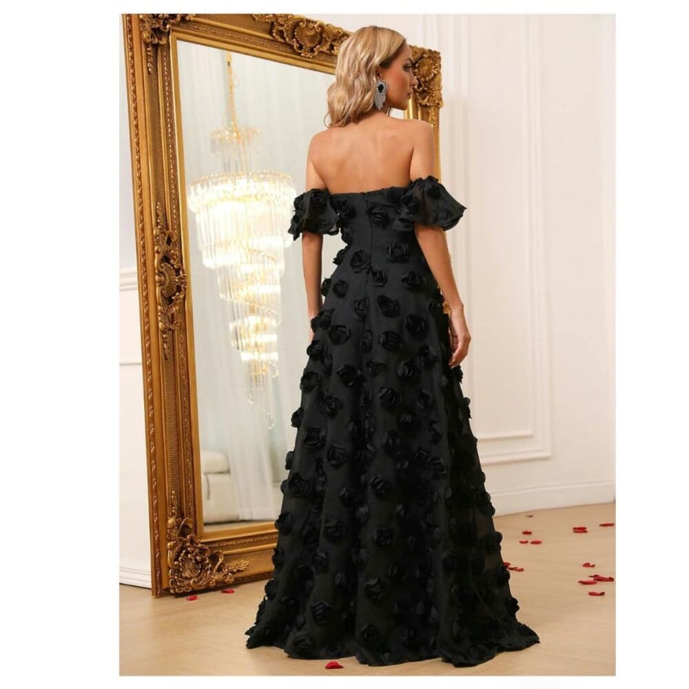 Faeriety Elegant Formal Off Shoulder Black 3D Flower Formal Dress, size 1XL - Picture 2 of 2